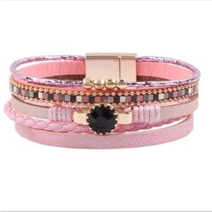 Pink Layered Faux Leather Magnetic Bracelet